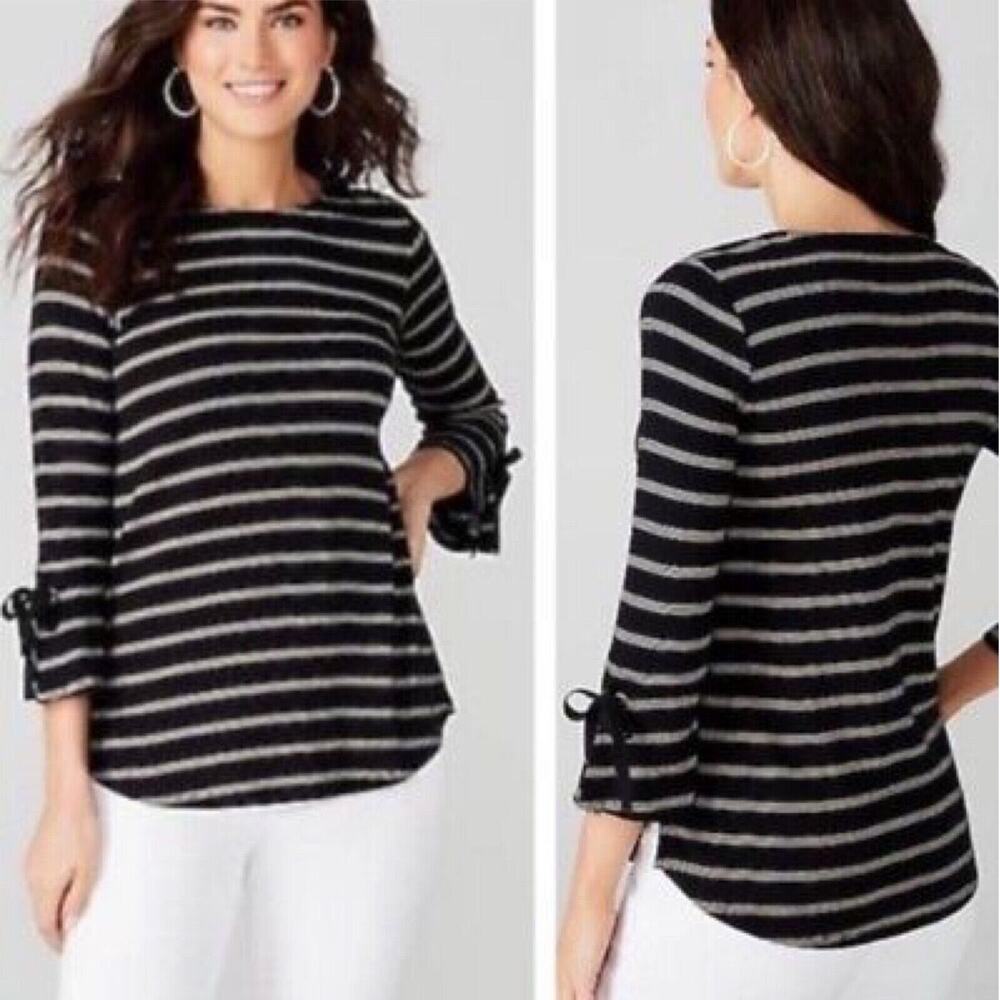 J Jill Small Petite Pima Tie Sleeve Tee Black Striped 3/4 Bell Sleeves Pullover